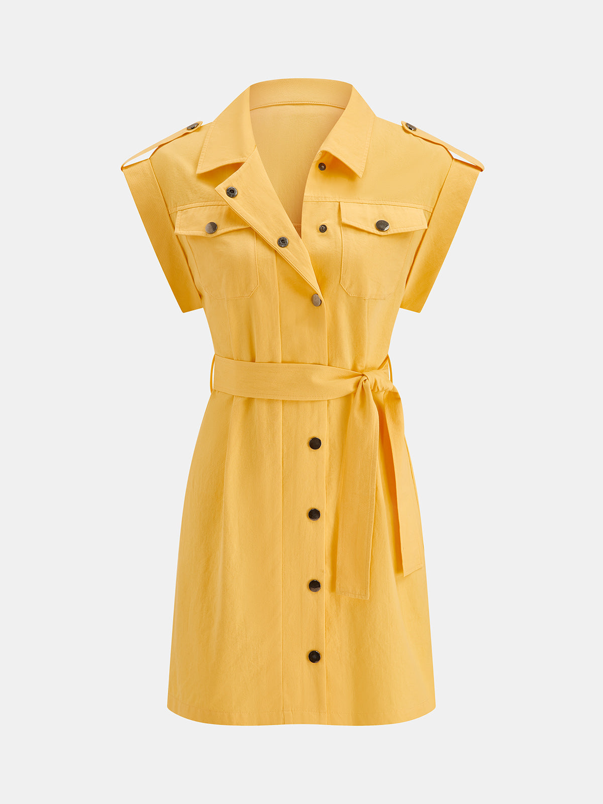 Epaulet Belted Cotton Shirt Mini Dress Trendy Casual Style