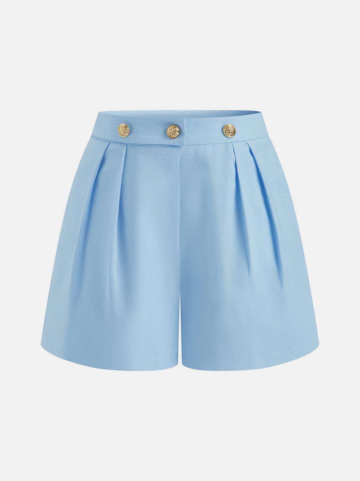 Metal Button Pleated Two Piece Shorts Set with High Waist Comfort Fit