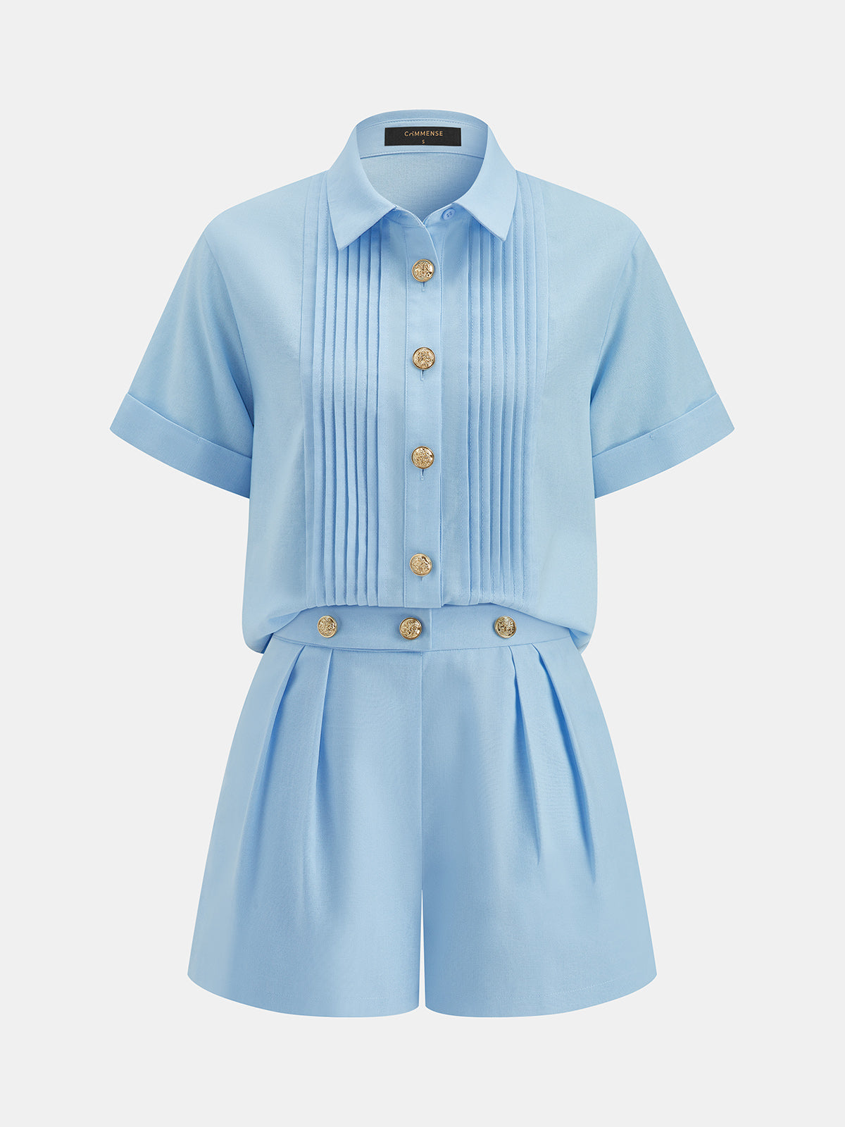 Metal Button Pleated Two Piece Shorts Set with High Waist Comfort Fit