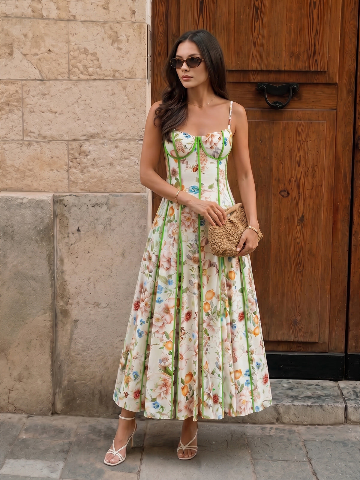 Corset Seam Tropical Print Swing Dress for Women Summer Vacation