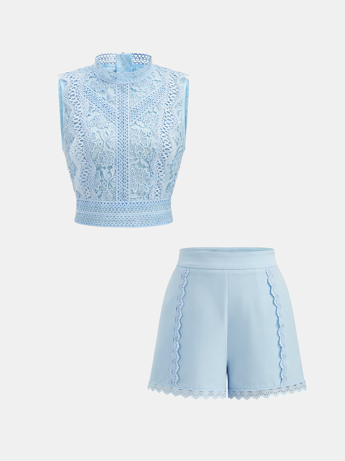 Guipure Lace Two Piece Shorts Set with Sleeveless Crop Top
