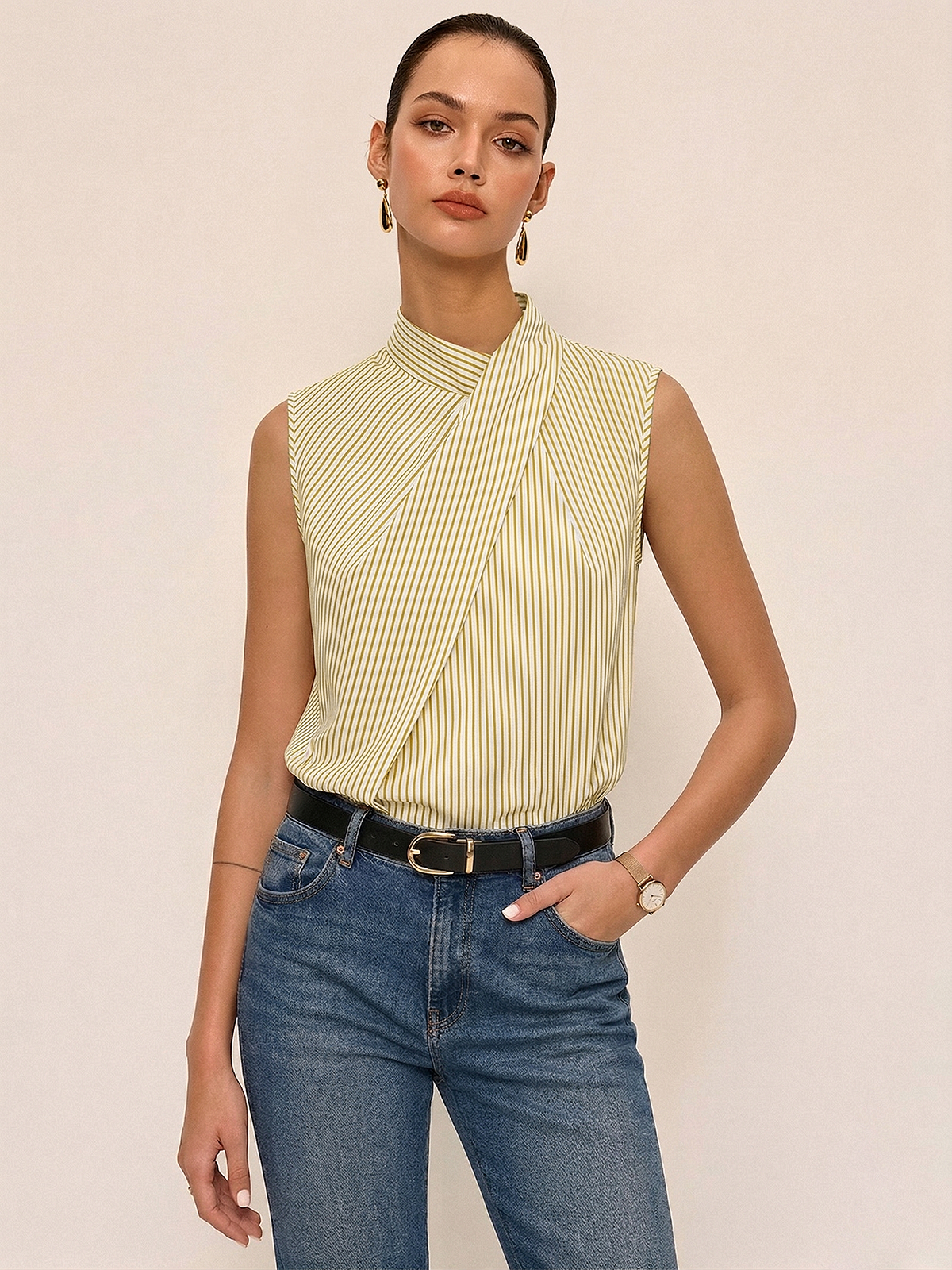 Sleeveless Striped High Neck Blouse for Women Trendy Casual Style