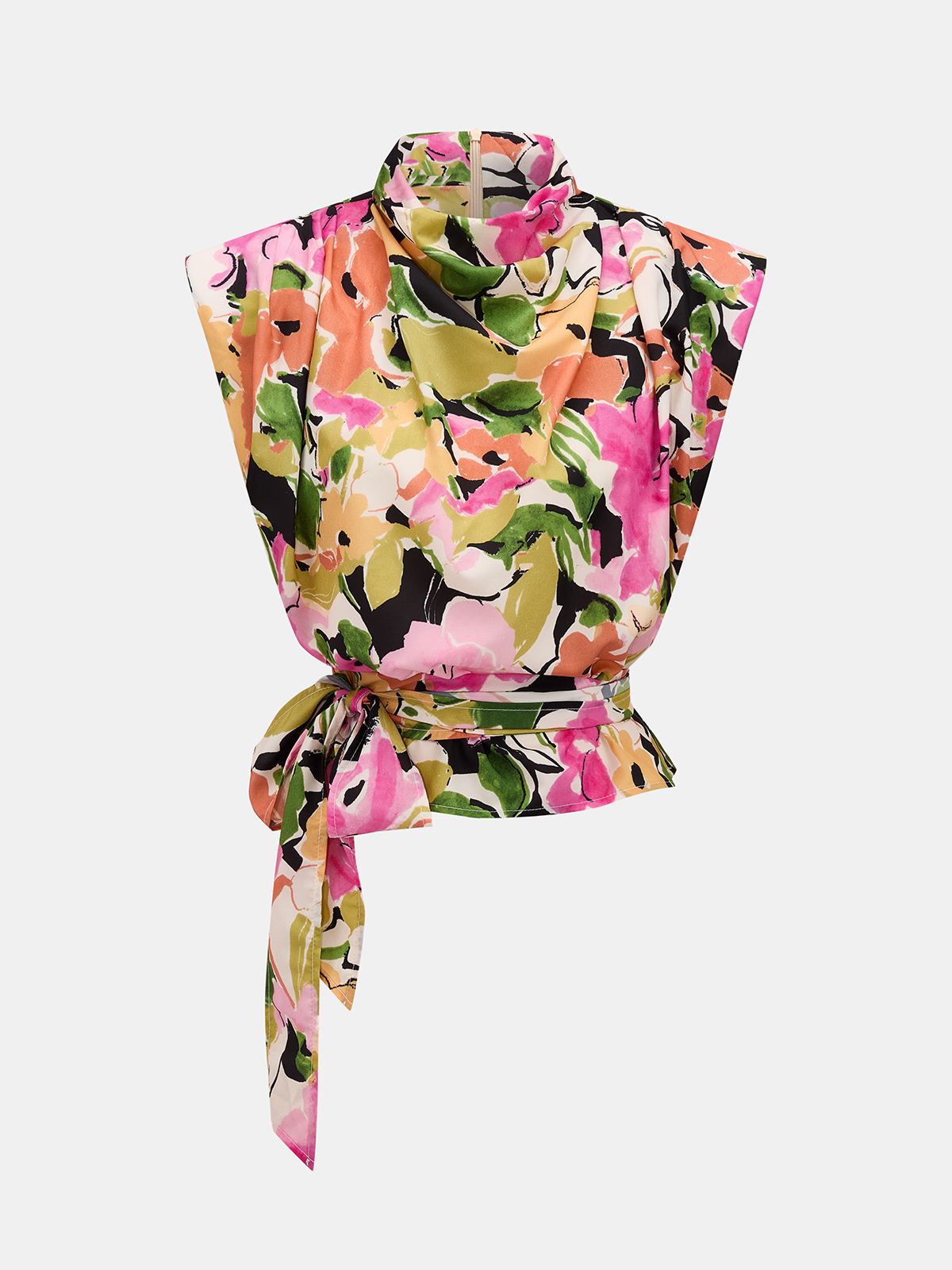 Mock Neck Floral Tie Waist Sleeveless Blouse for Women Casual Summer Style