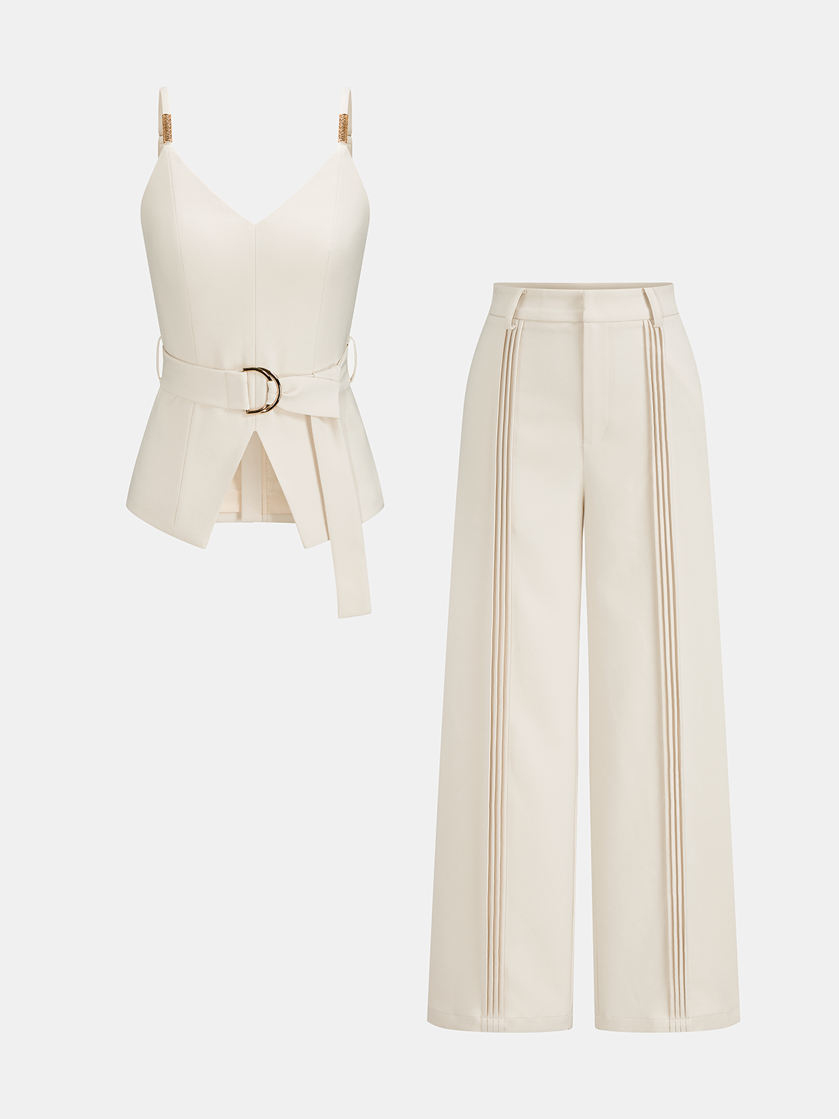 Belted Cami Top & Pleated Wide Leg Pants Set for Women