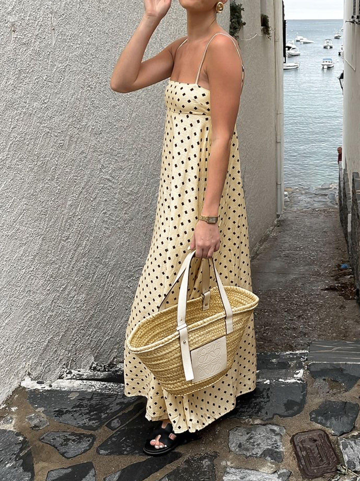 Printed Spaghetti Strap Long Dress with Side Slit Detail