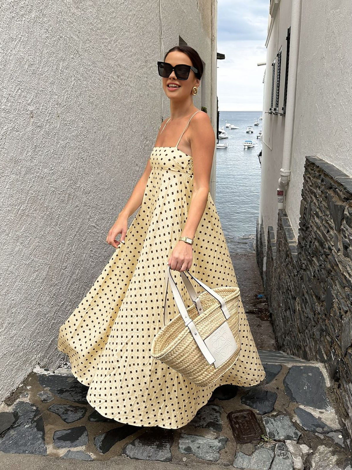 Printed Spaghetti Strap Long Dress with Side Slit Detail