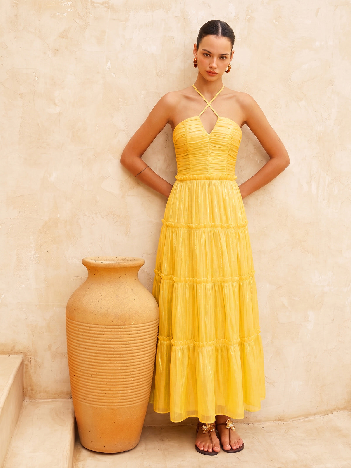 Halter Ruched Tiered Maxi Dress for Elegant Evening Events
