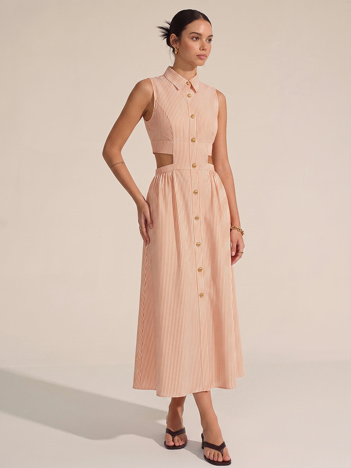 Sleeveless Cutout Striped Midi Shirt Dress with Belt Tie Detail