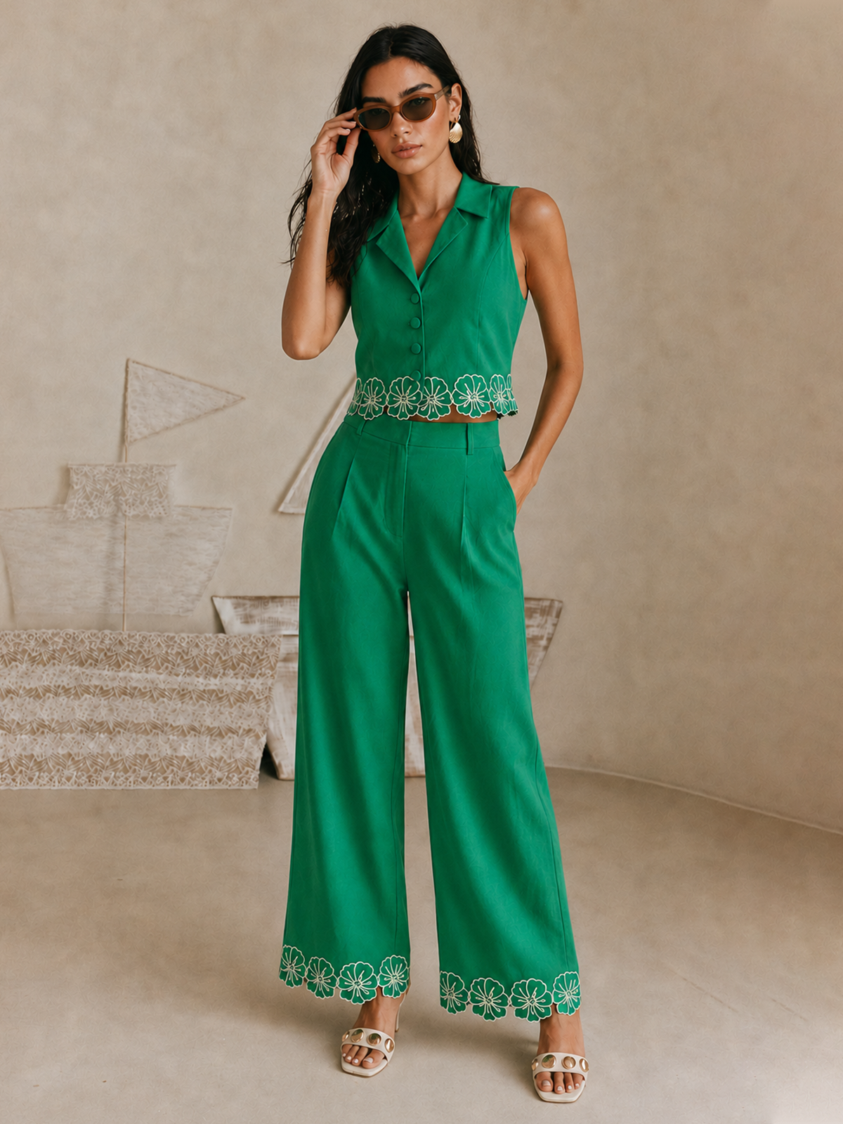 Cotton Floral Embroidered Two Piece Pants Set for Women, Casual Summer Outfit