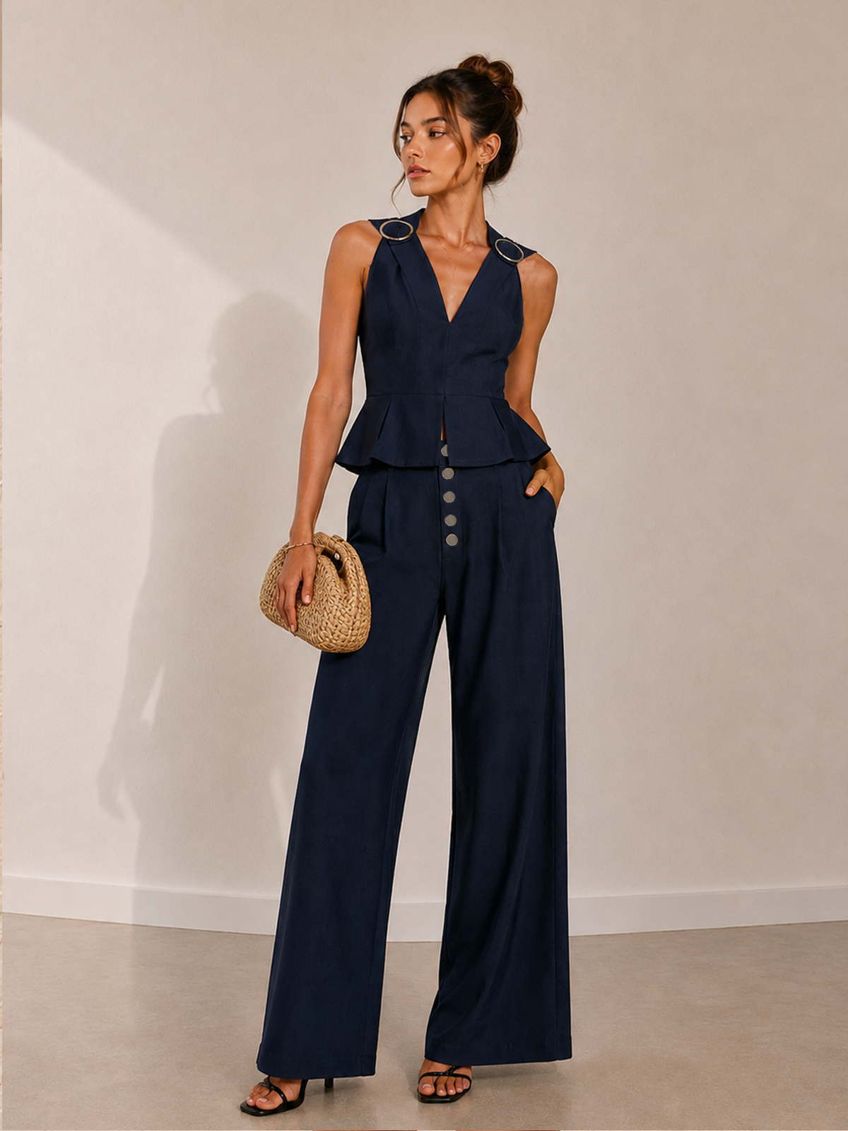 Ring Detail Peplum Cotton Linen Top & Pants Set | Women's Casual Summer Outfit