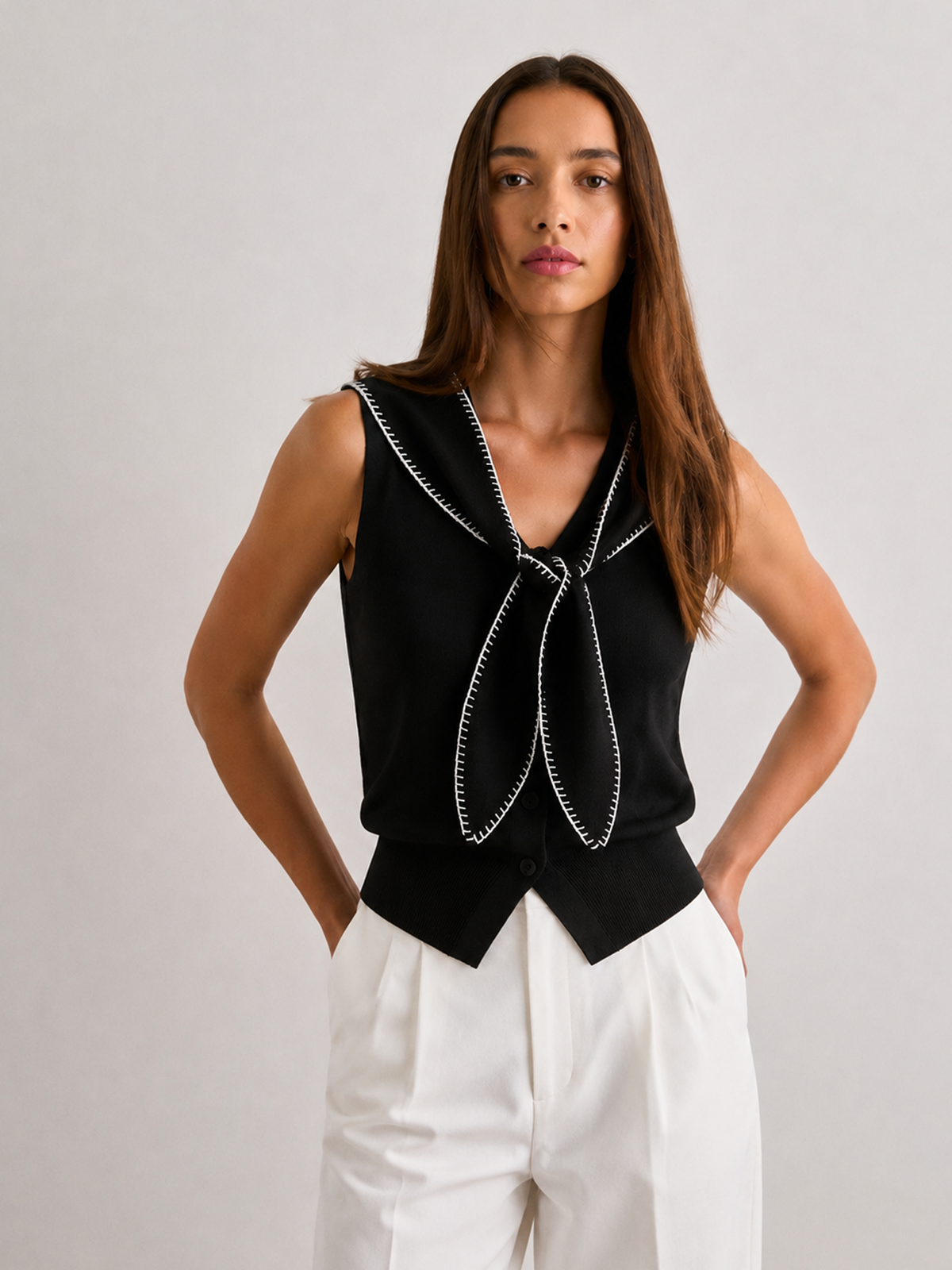 Contrast Stitch Knotted Knit Vest for Women Lightweight Layering