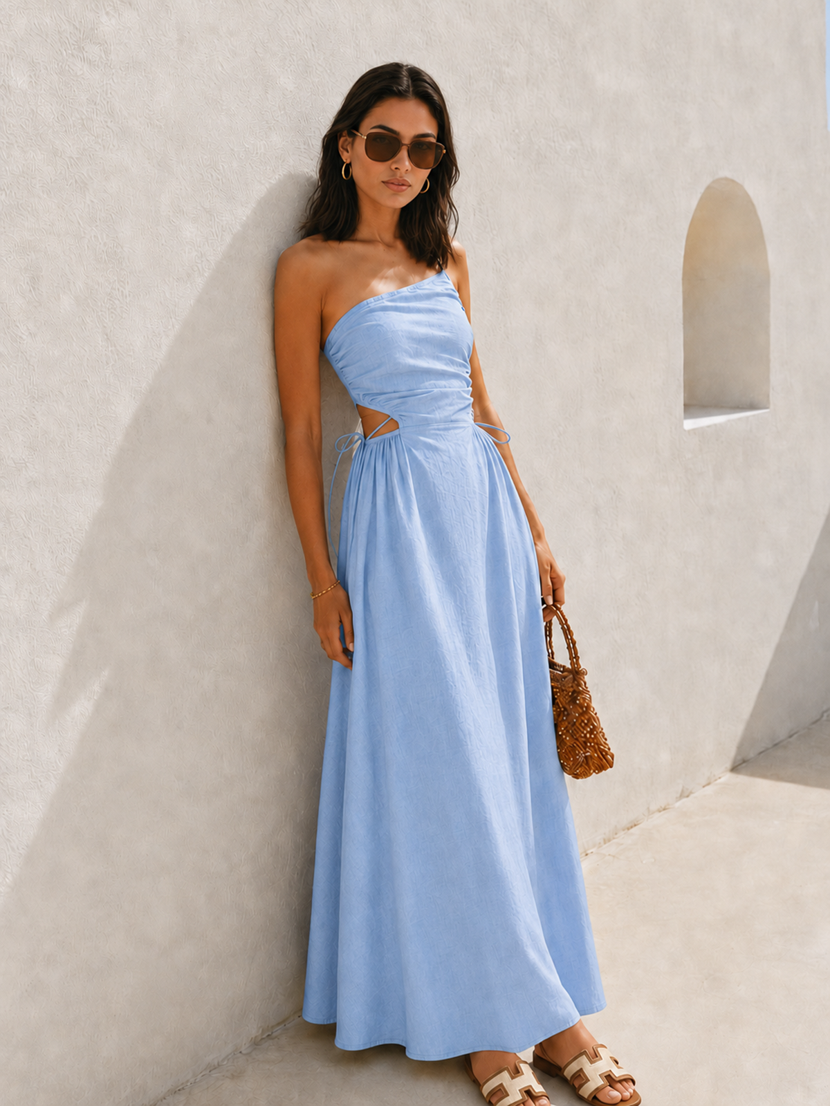 Cutout Tie-Side Cotton Linen Midi Dress with Adjustable Straps and Pockets