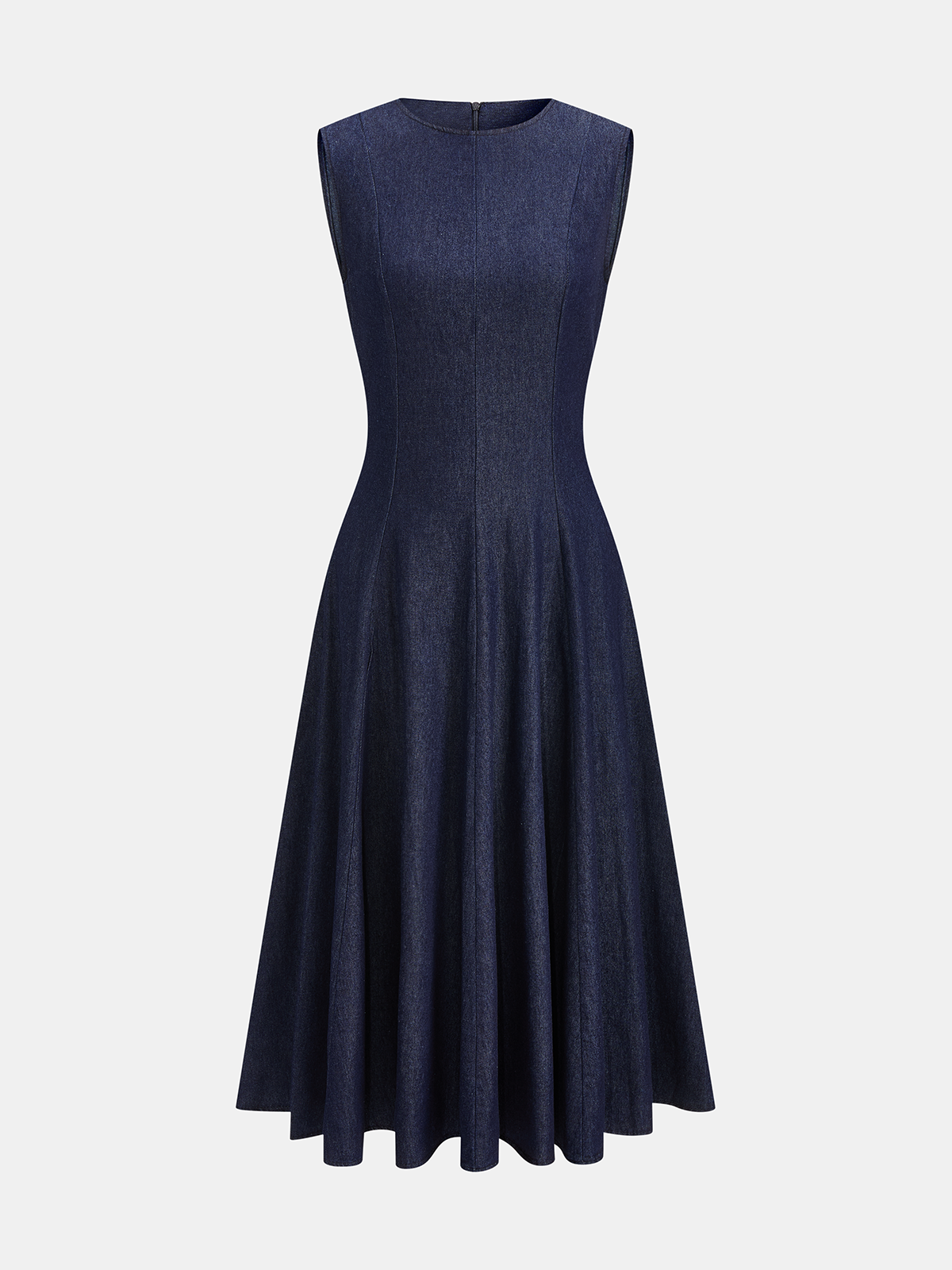 Sleeveless Flared Denim Midi Dress with Pockets and Belt