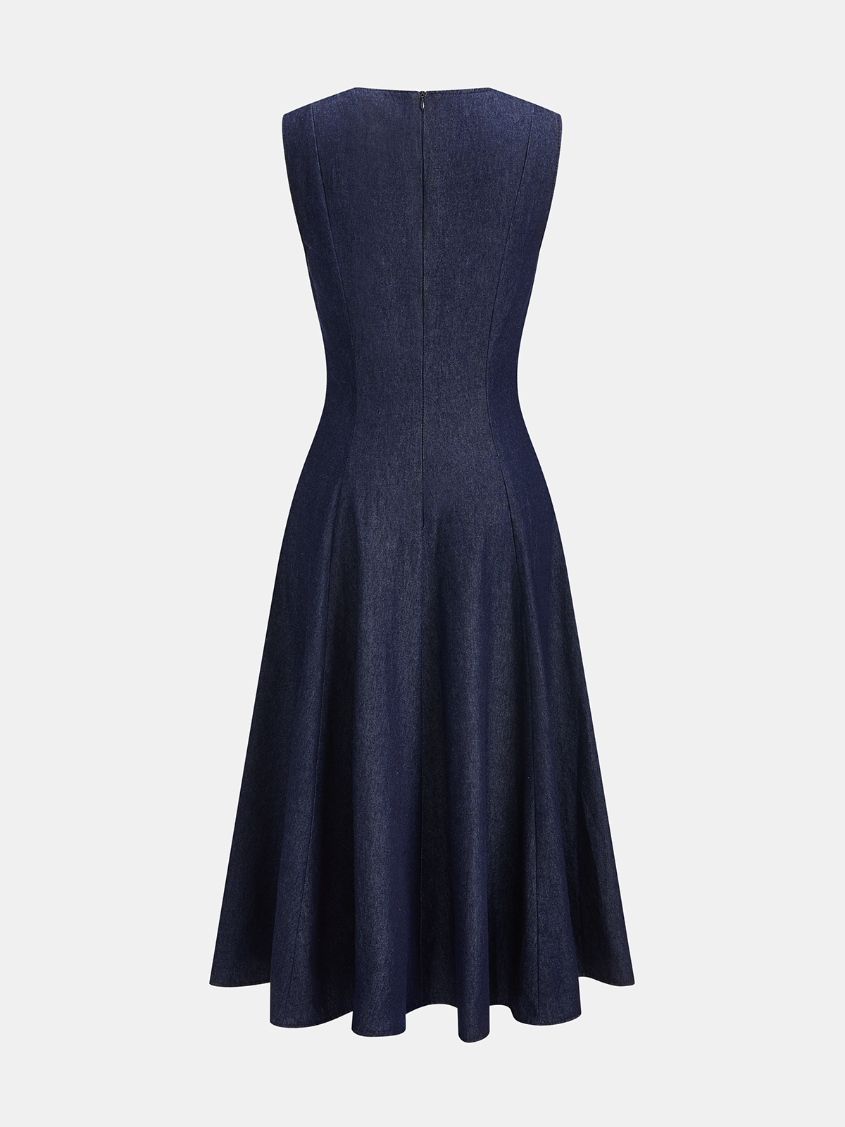 Sleeveless Flared Denim Midi Dress with Pockets and Belt