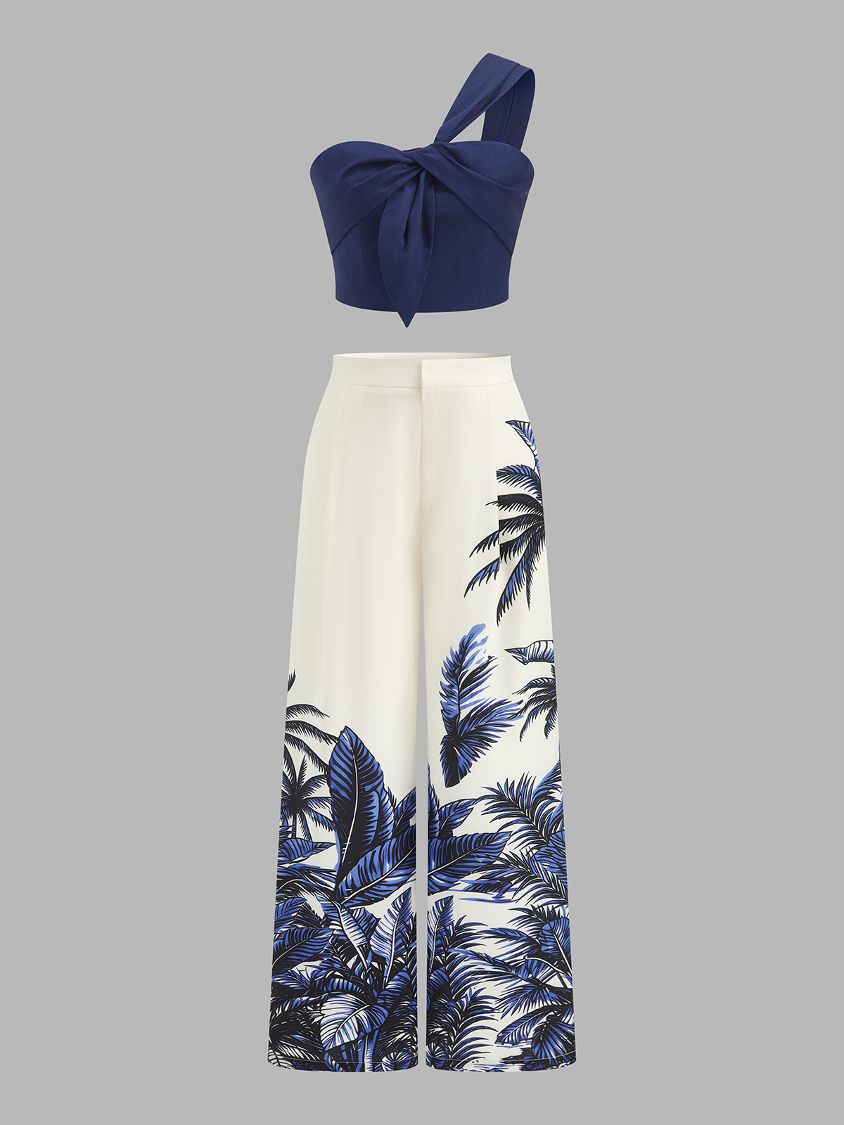 One-Shoulder Top & Tropical Print Pants Set for Women Summer Style