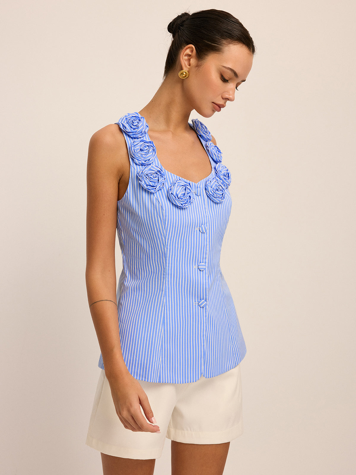 Poplin Stripe Rose Bud Top - Women's Casual Summer Wear