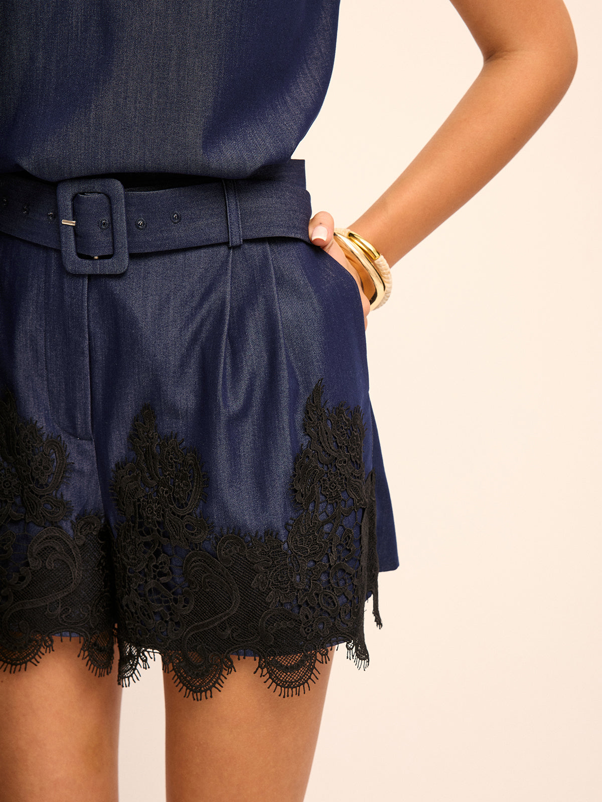 Sleeveless Polo Top & Lace-Hem Shorts Set for Women Summer Casual