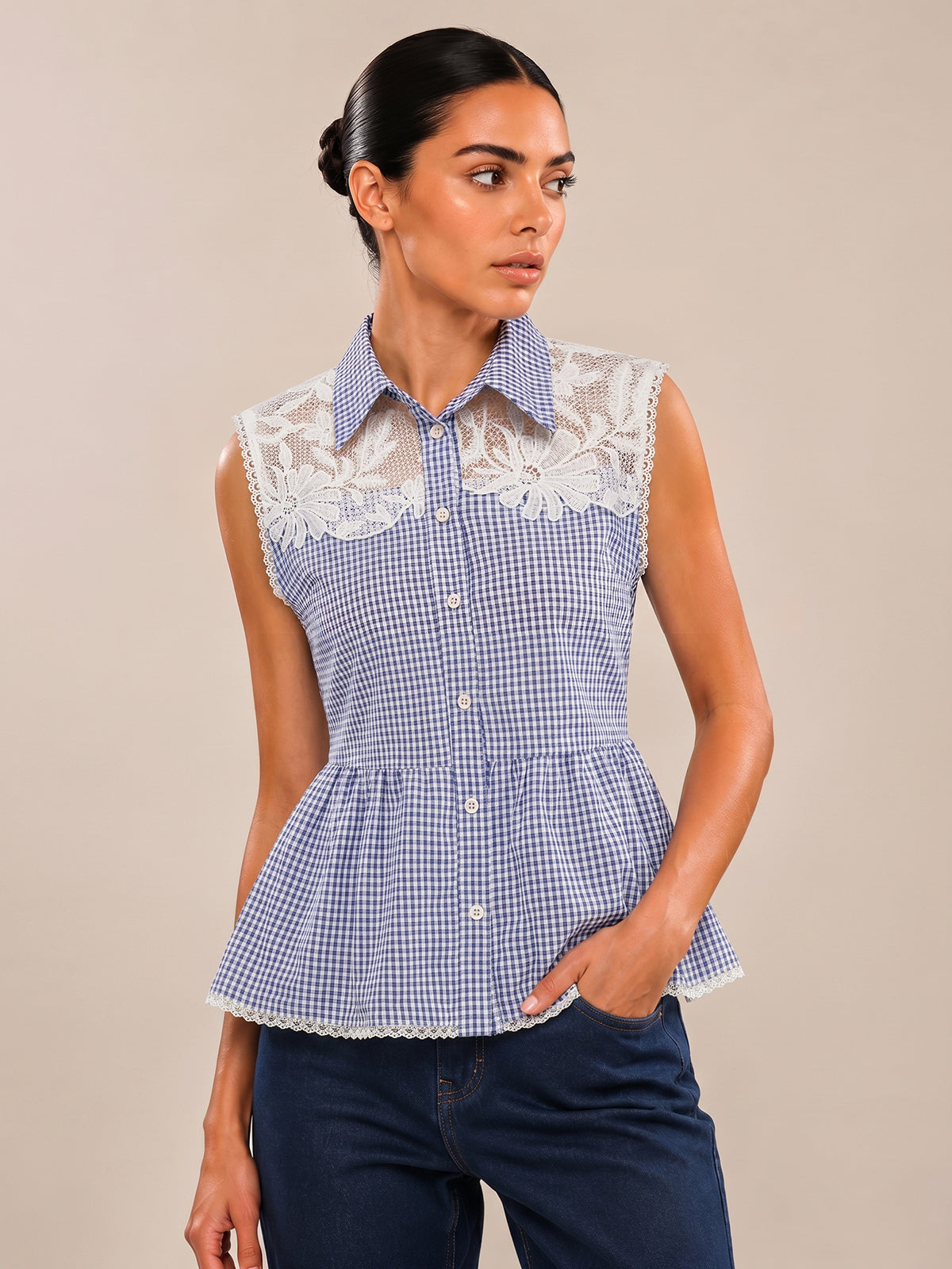 Gingham Lace Panel Sleeveless Peplum Shirt with Ruffled Trim Detail