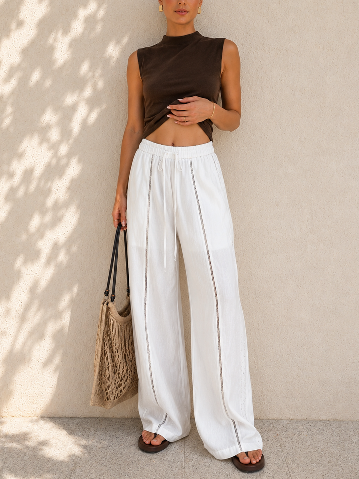Drawstring Waist Hollow Wide Leg Pants for Women Comfort Fit