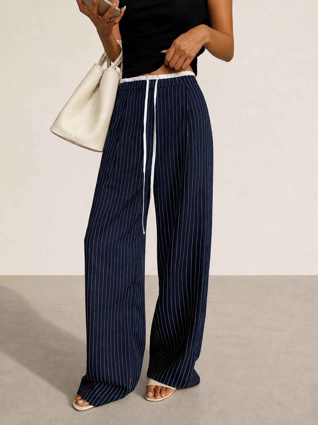 Contrast Waistband Drawstring Pinstripe Pants for Women Casual Wear