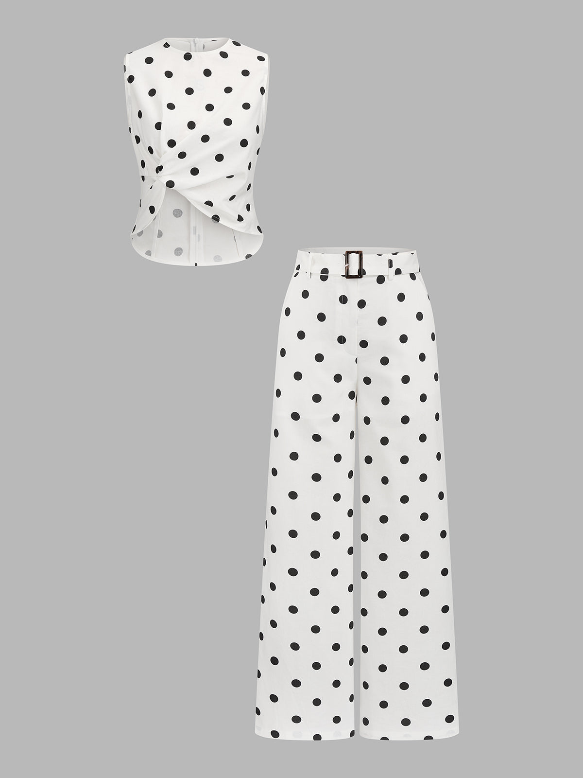 Polka Dot Twist Top & Belted Pants Set - Women's Fashion Outfit