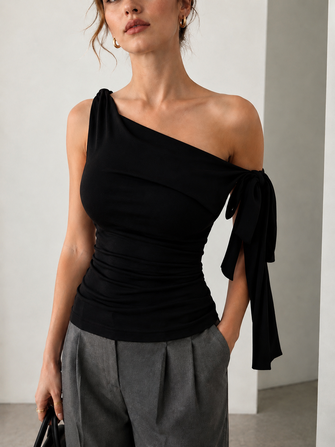 One Shoulder Tie Detail Slim Knit Top Stylish Casual Women's Fashion