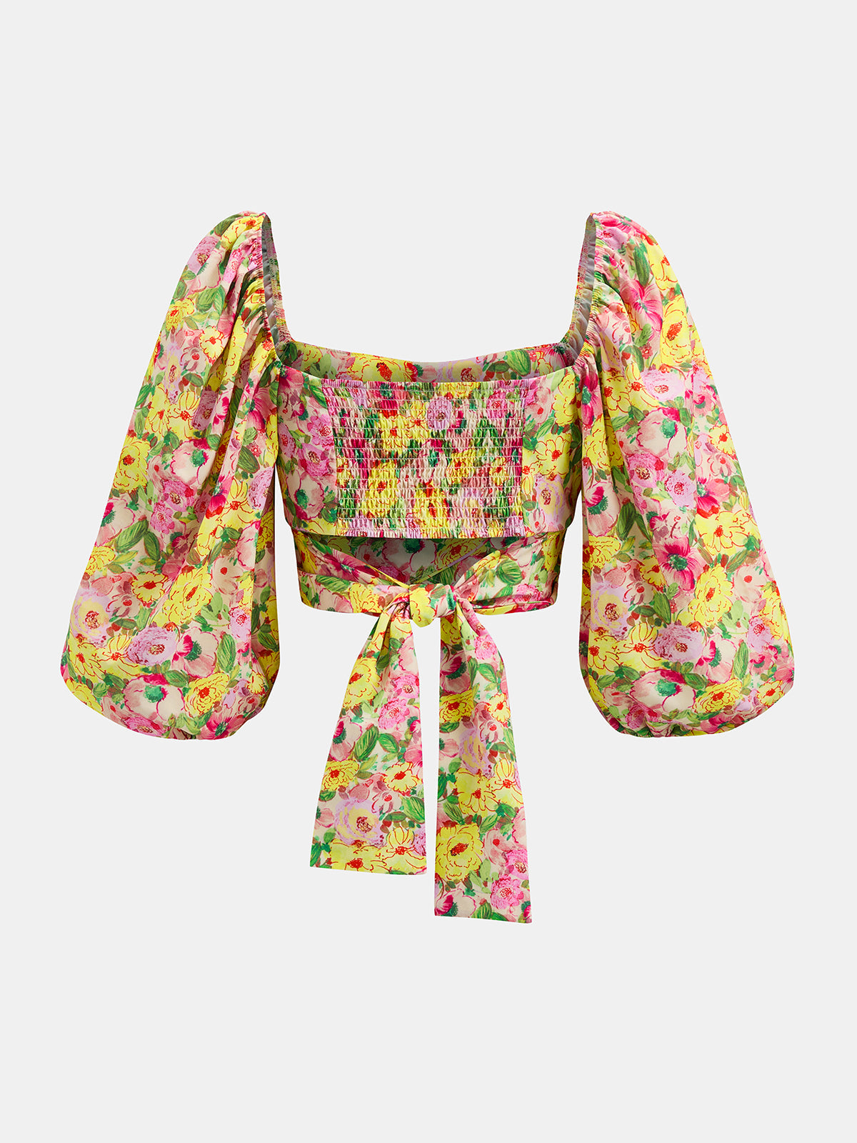 Square Neck Puff Sleeve Floral Tie-Back Blouse with Elegant Ruffle Detail