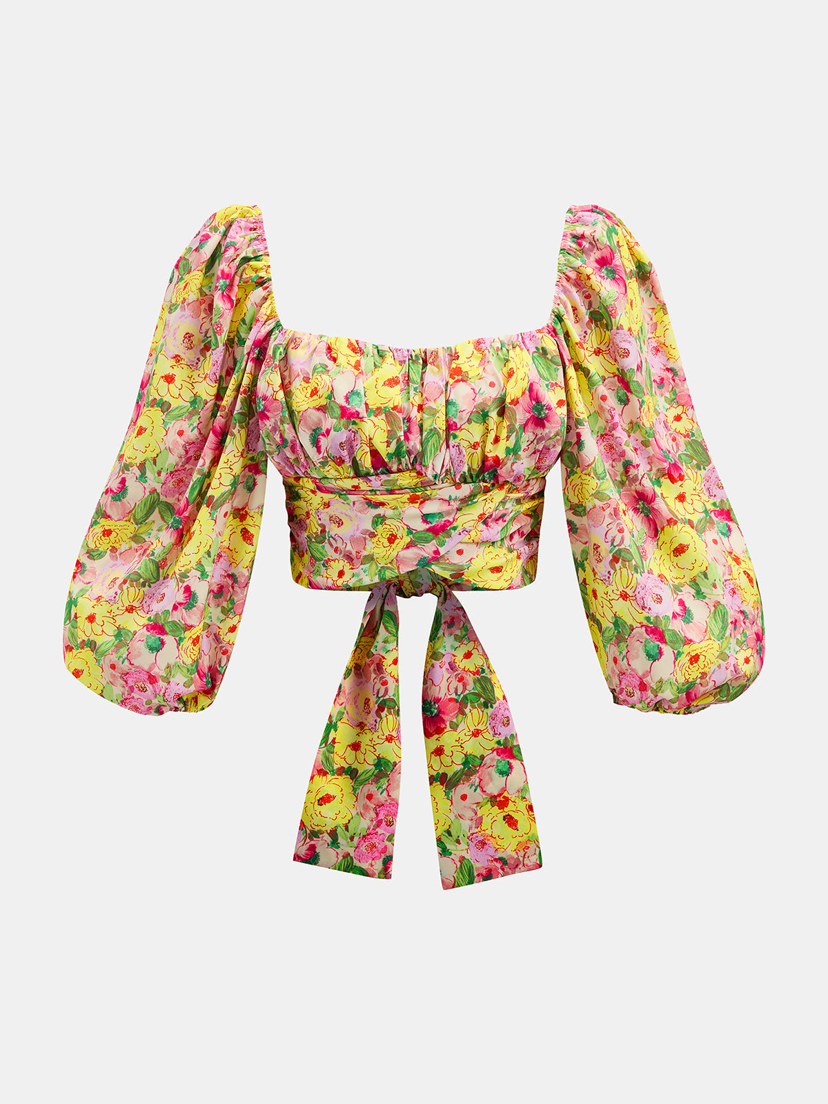 Square Neck Puff Sleeve Floral Tie-Back Blouse with Elegant Ruffle Detail