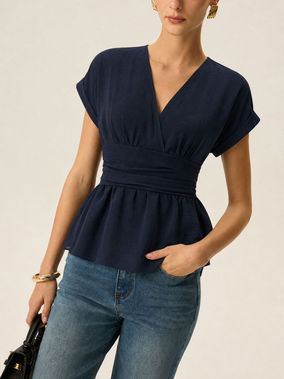 V Neck Short Sleeve Cinched Waist Peplum Blouse with Ruffle Detail