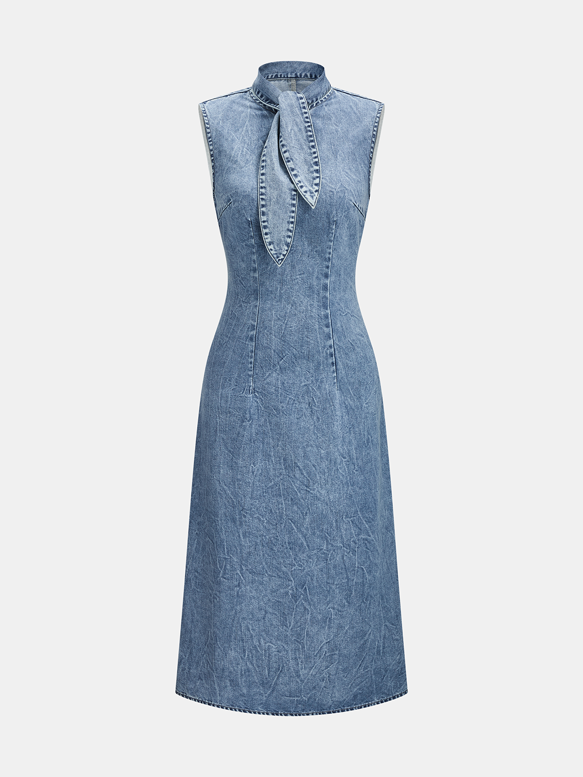 Denim Tie-Neck Midi Dress with Puff Sleeves and Belted Waist