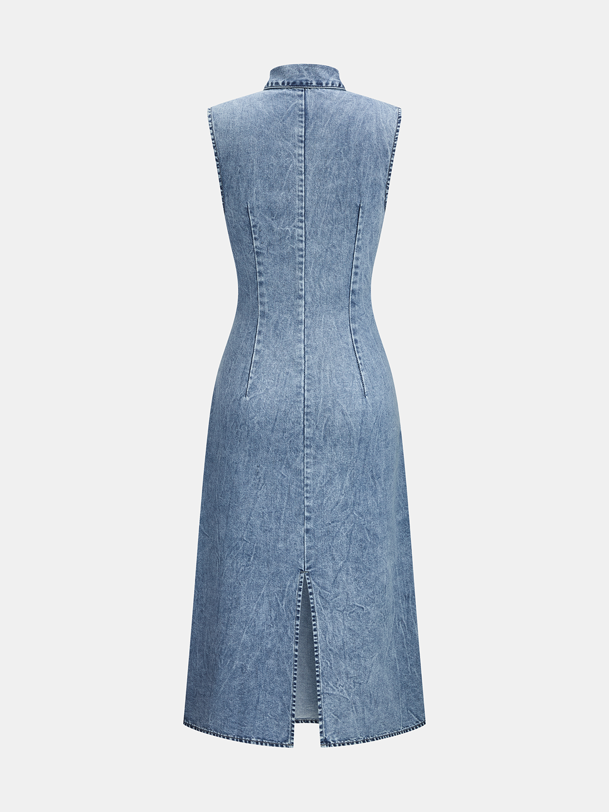 Denim Tie-Neck Midi Dress with Puff Sleeves and Belted Waist
