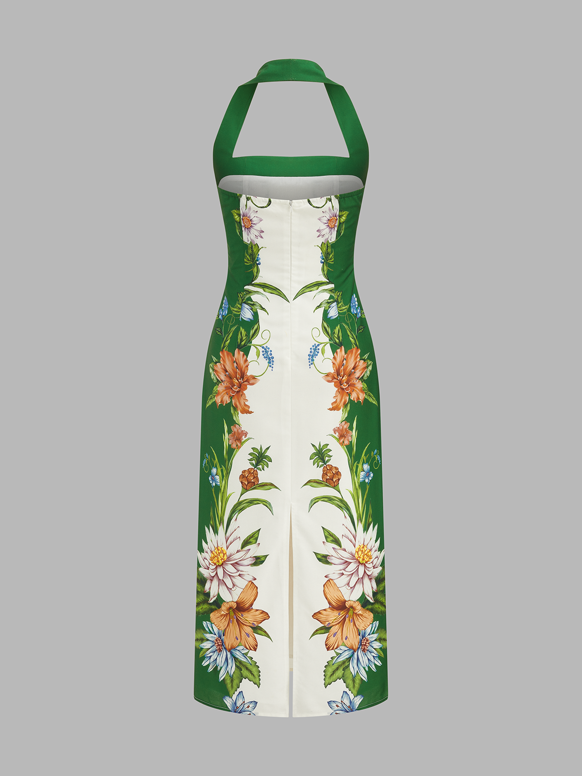 Vintage Botanical Print Halter Midi Dress with Pockets and Back Zipper
