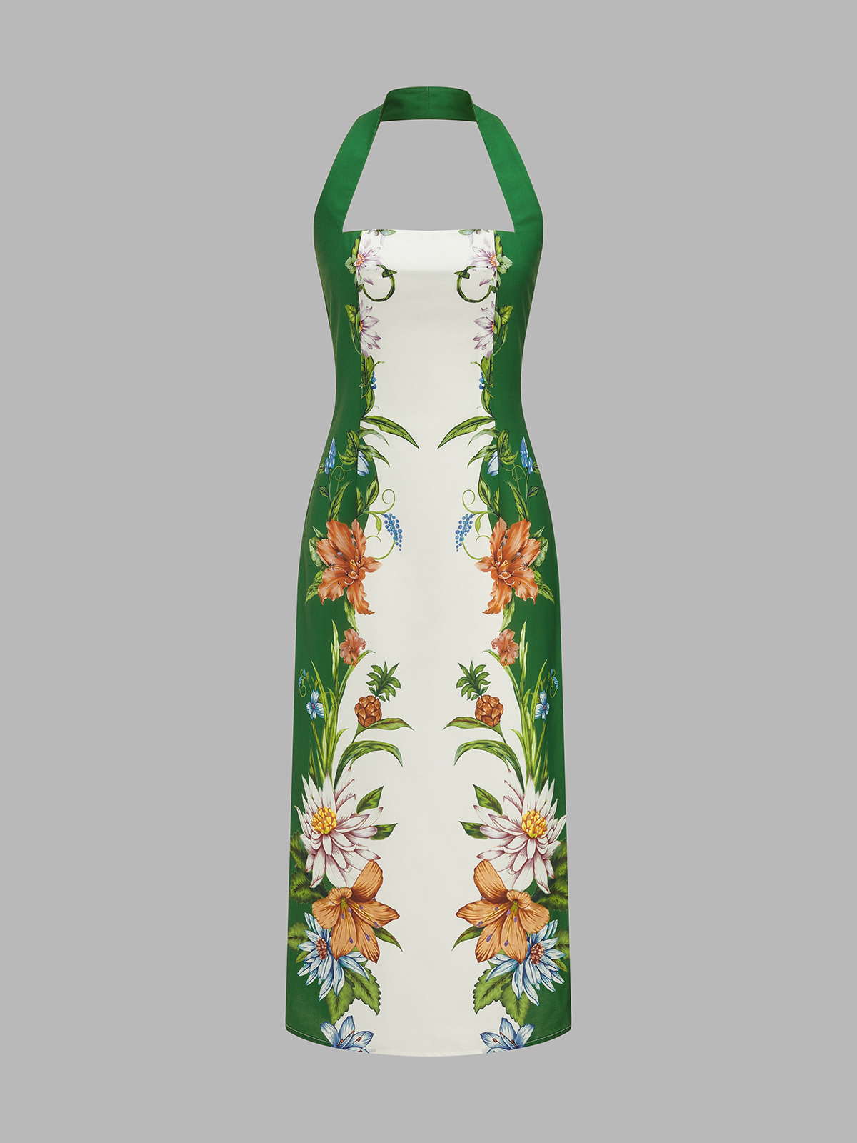 Vintage Botanical Print Halter Midi Dress with Pockets and Back Zipper