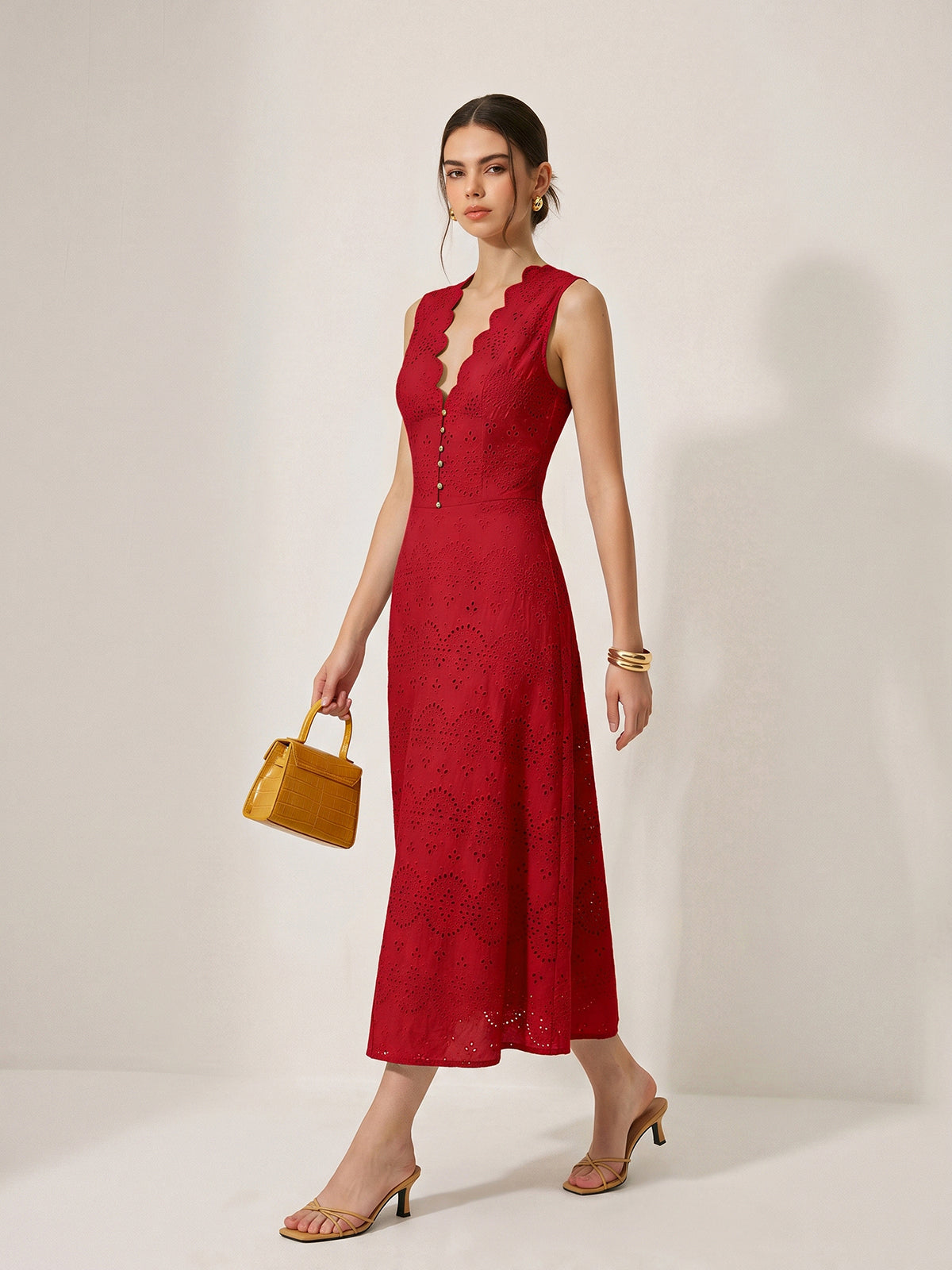 Cotton Sleeveless Embroidered Eyelet Dress with Deep V Neck for Summer Weddings