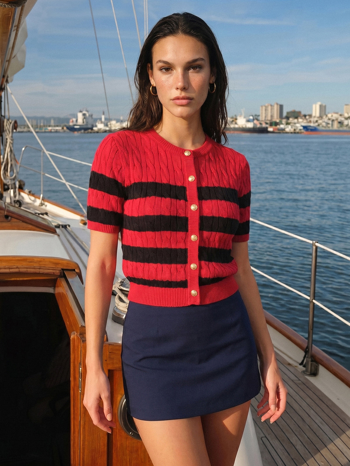 Striped Cable Knit Short Sleeve Cardigan with Button Front Closure