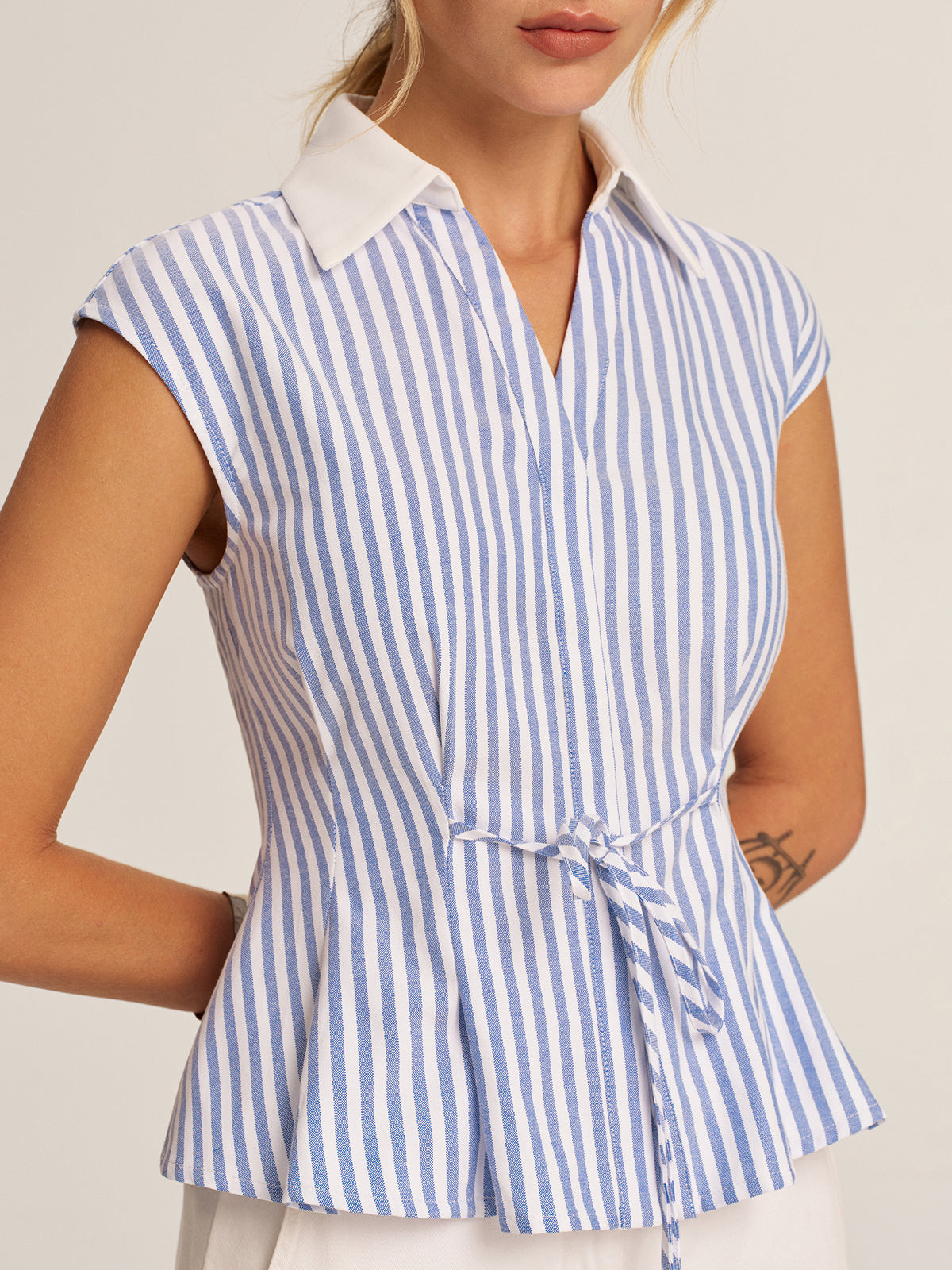 Striped Tie-Waist Collared Peplum Blouse for Women with Button Detail
