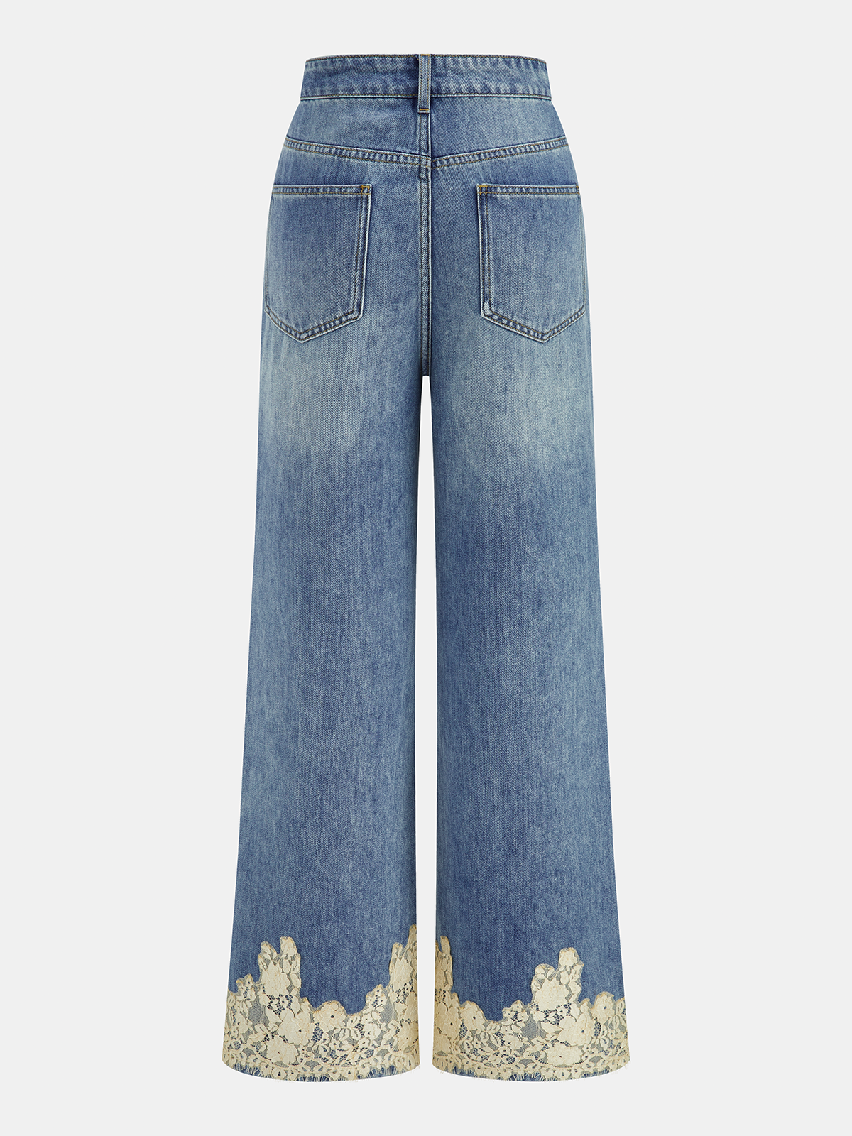 Lace Trim Mid-Waist Denim Pants with Stretch Fit Comfort