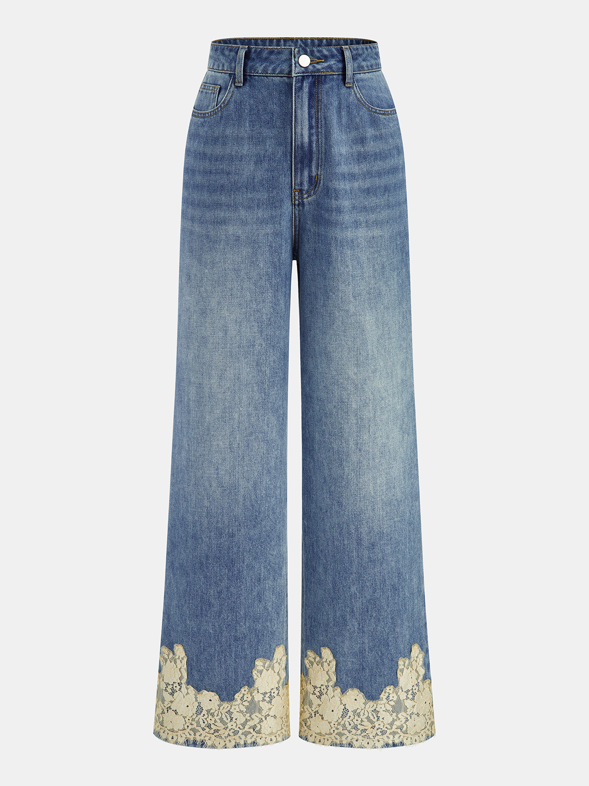 Lace Trim Mid-Waist Denim Pants with Stretch Fit Comfort