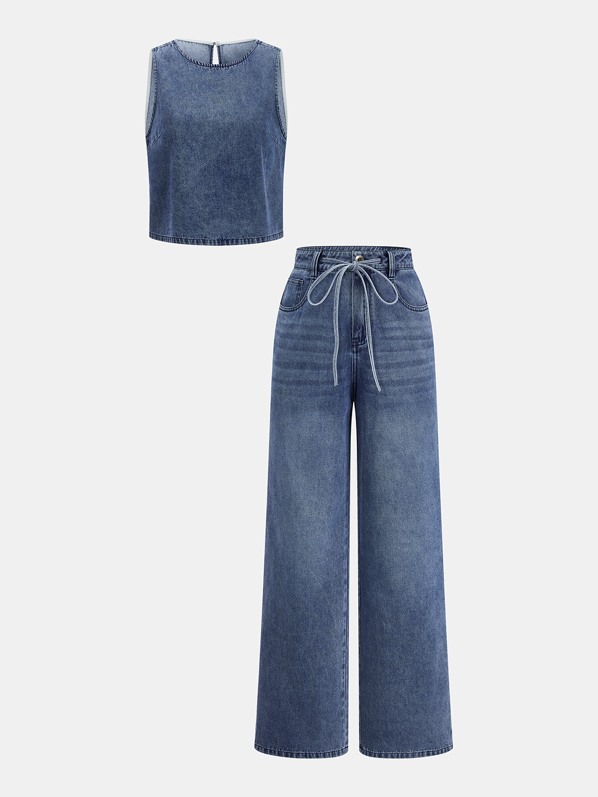 Sleeveless Denim Top & Drawstring Jeans Set for Casual Wear