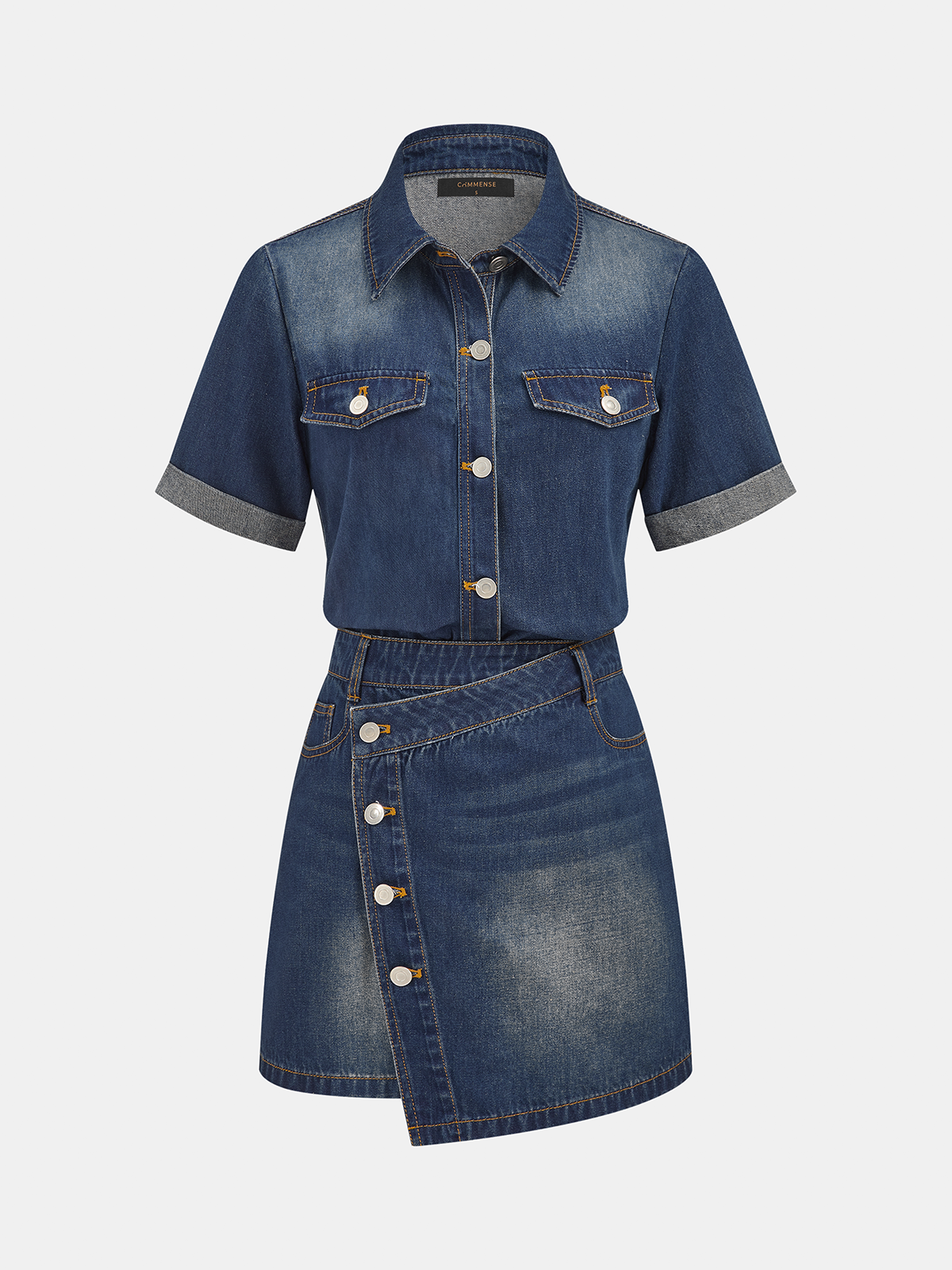 Short Sleeve Asymmetric Denim Shirt Dress with Button Front Closure