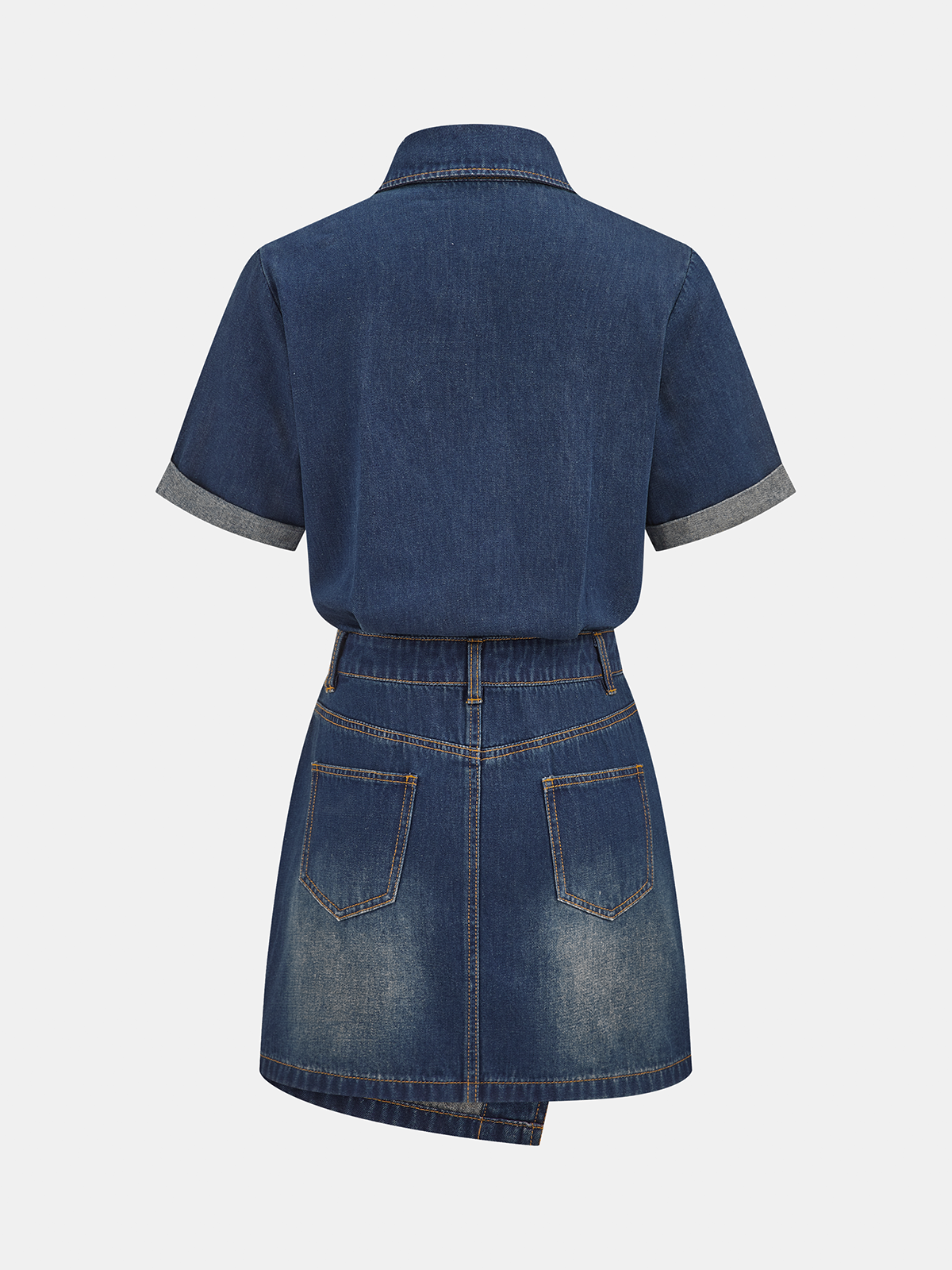 Short Sleeve Asymmetric Denim Shirt Dress with Button Front Closure