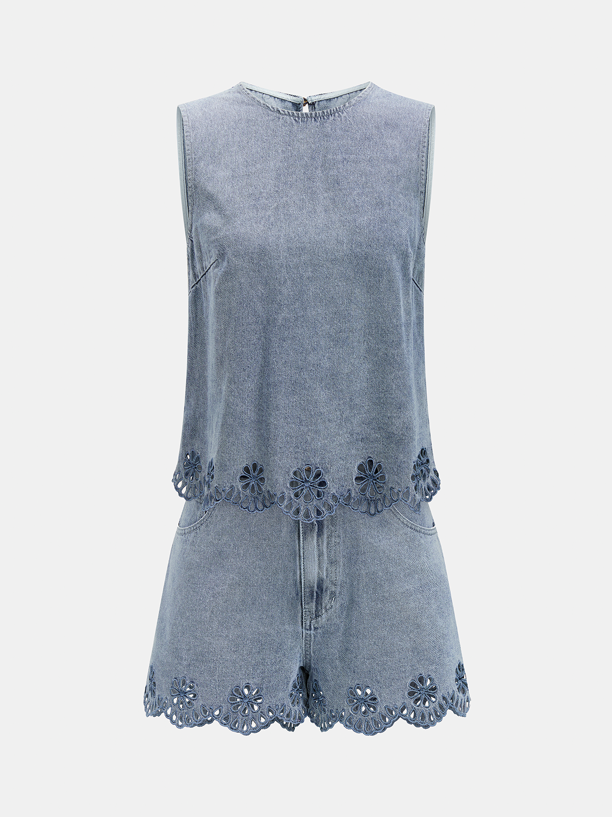 Embroidered Denim Two Piece Shorts Set for Women's Summer Wear