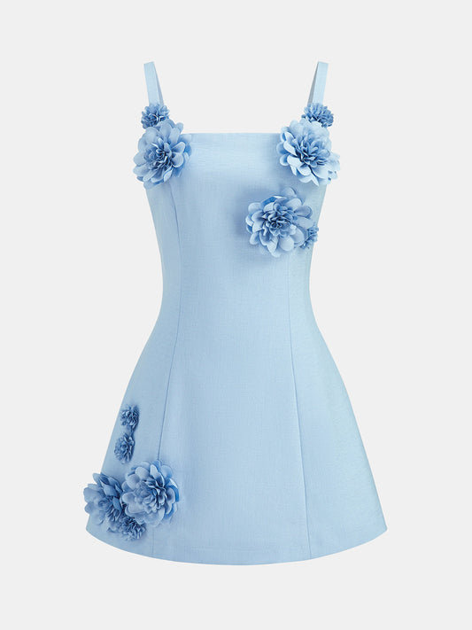 "3D Floral A-Line Cami Mini Dress with Adjustable Straps"
