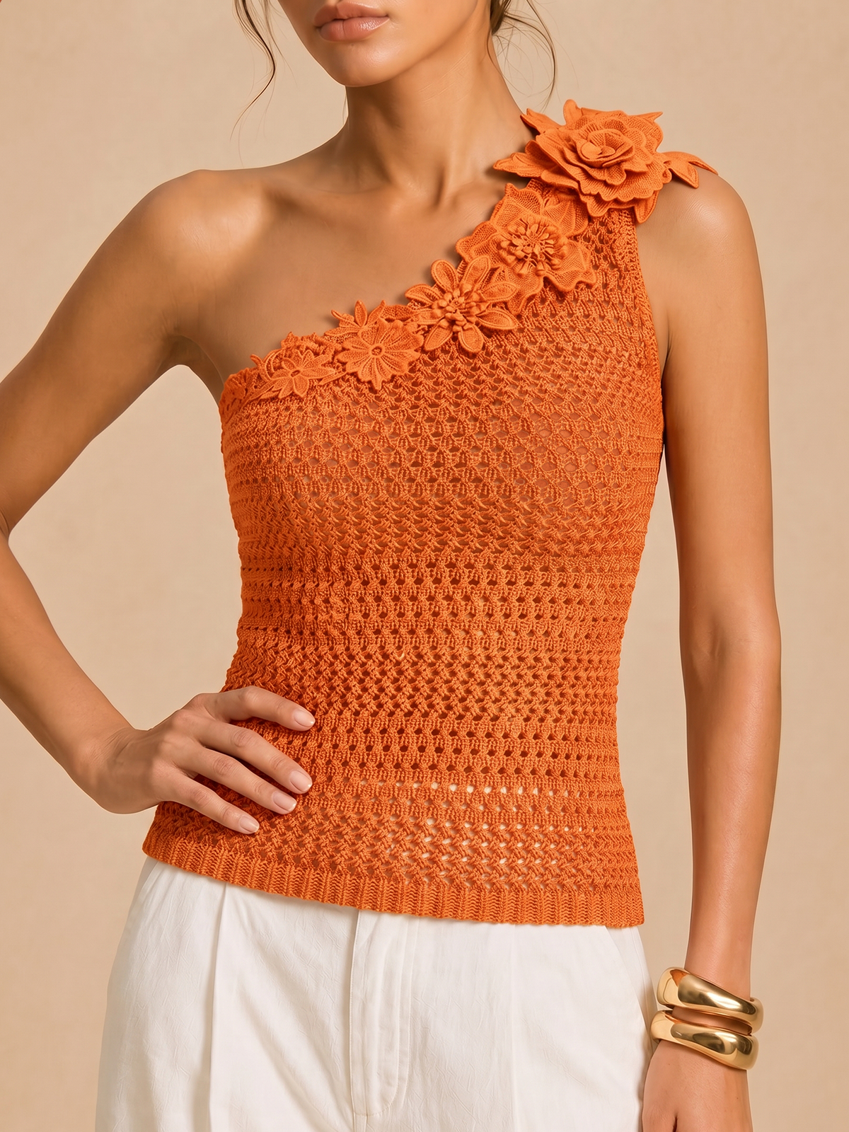 One Shoulder 3D Flower Crochet Top with Elegant Lace Detail