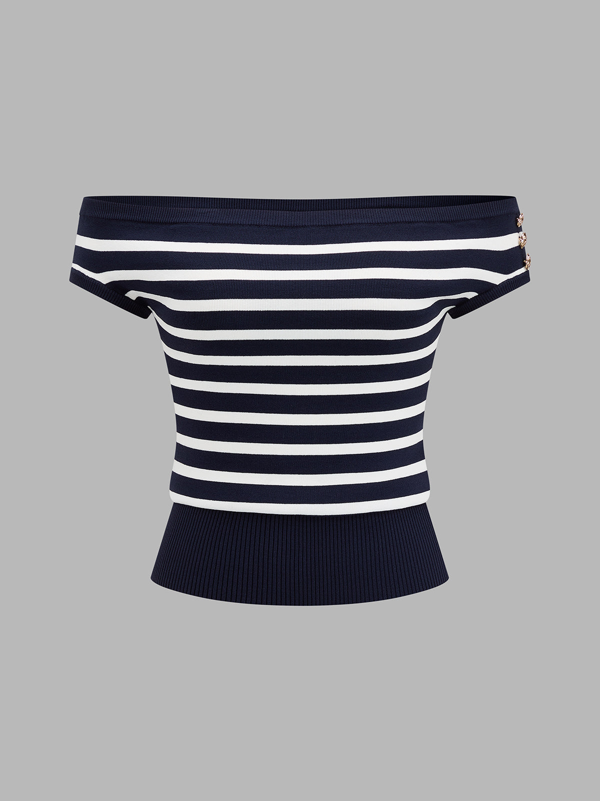Striped Off Shoulder Metal Detail Knit Top with Long Sleeves