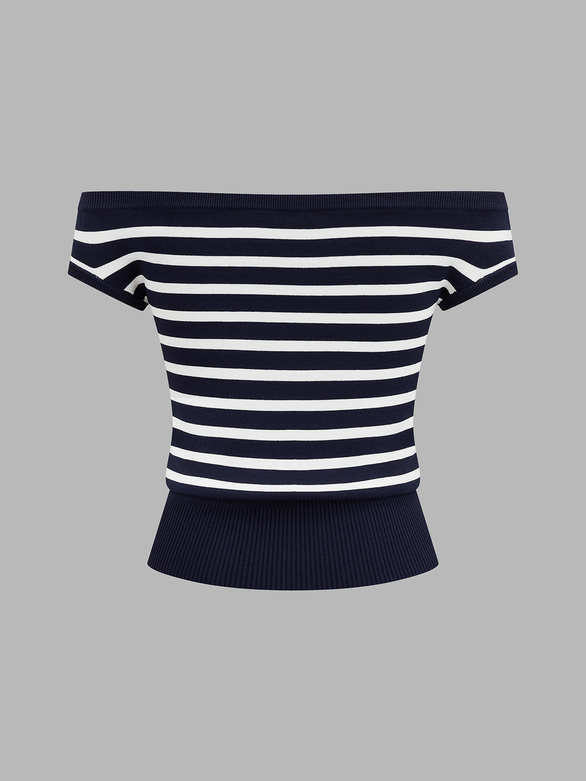 Striped Off Shoulder Metal Detail Knit Top with Long Sleeves
