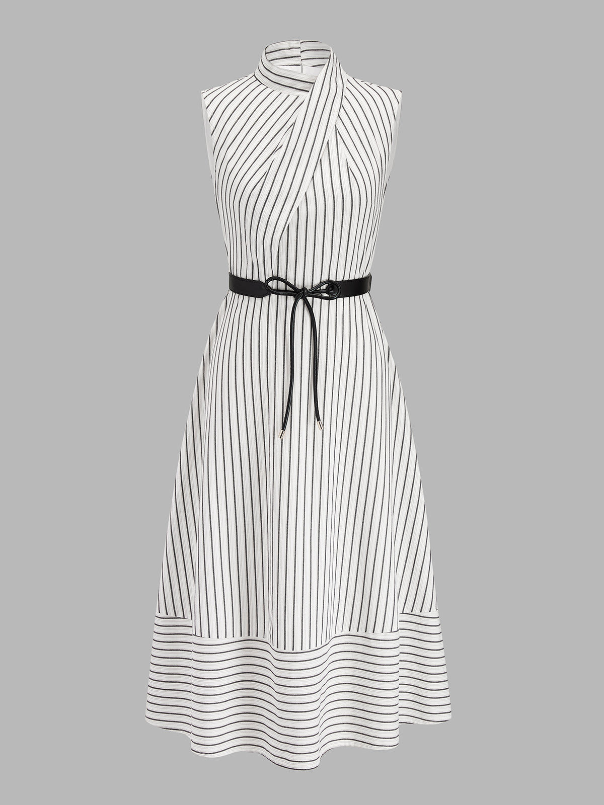 Wrap Collar Striped Belted Midi Dress with Pockets and Sleeve Options