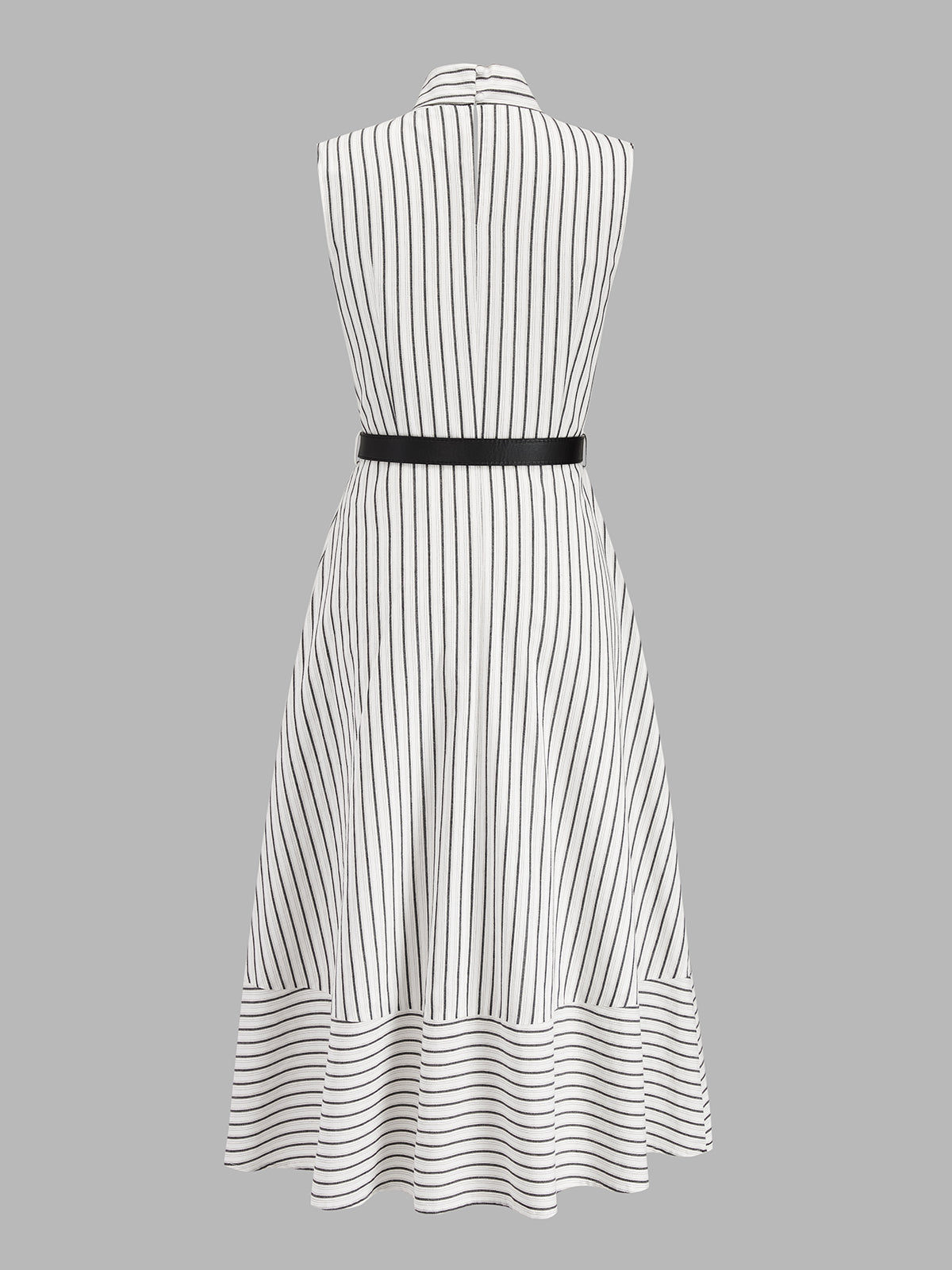 Wrap Collar Striped Belted Midi Dress with Pockets and Sleeve Options