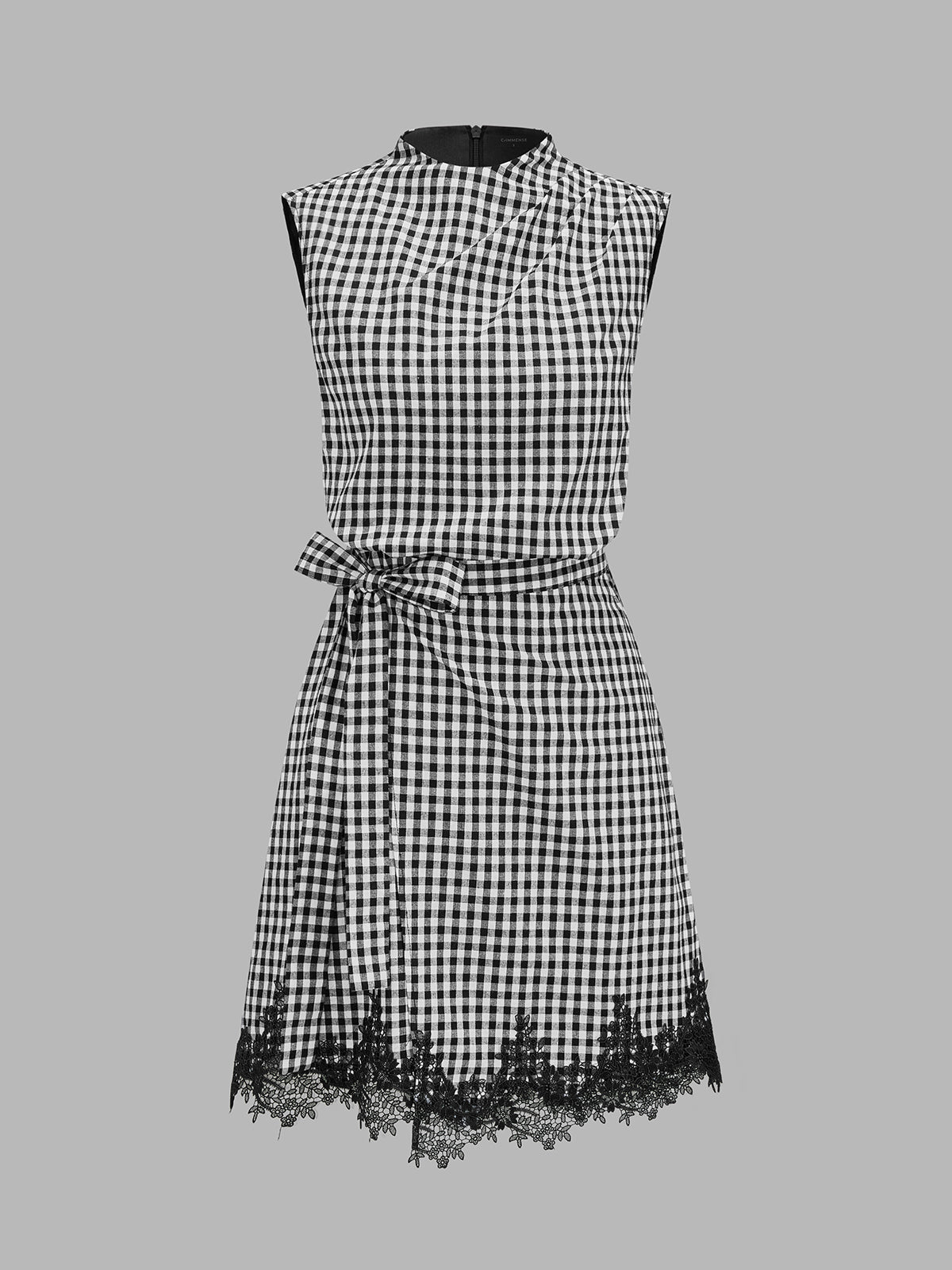 Gingham Tie-Waist Lace Trim Mini Dress with Ruffled Sleeves