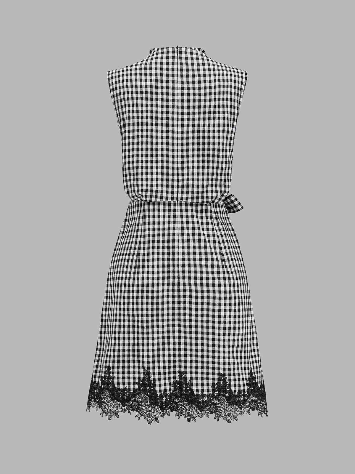 Gingham Tie-Waist Lace Trim Mini Dress with Ruffled Sleeves